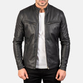 Man wearing a black leather jacket on a white background