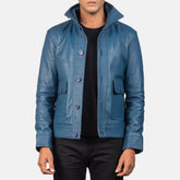 Qupor Blue Leather Bomber Jacket