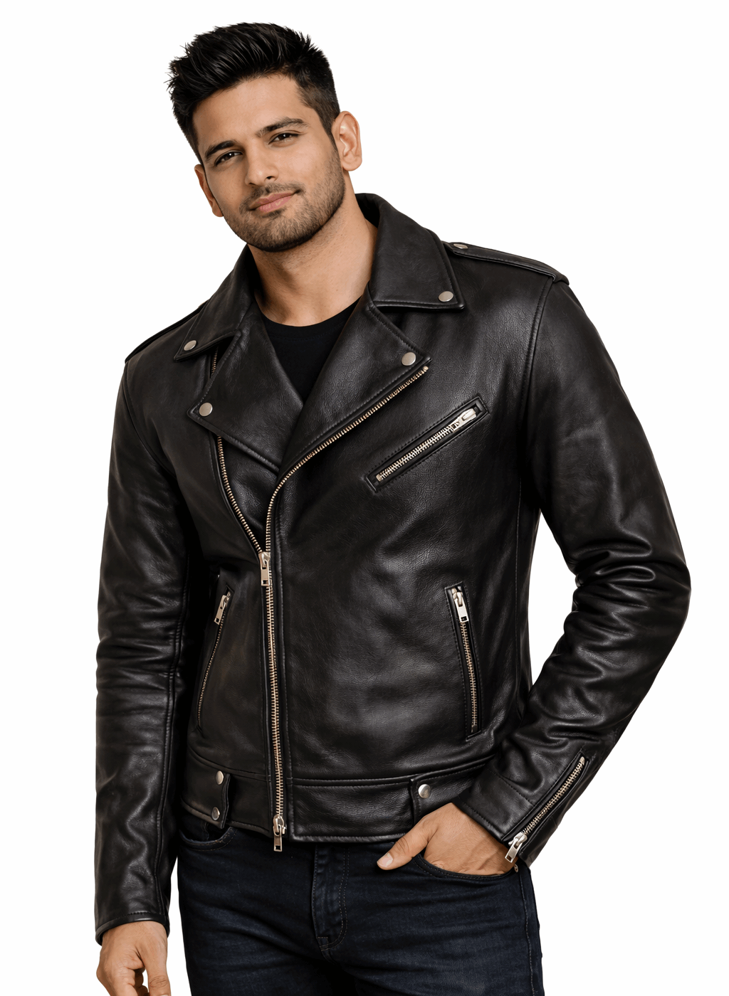 Noir Edge Grain Leather Biker Jacket