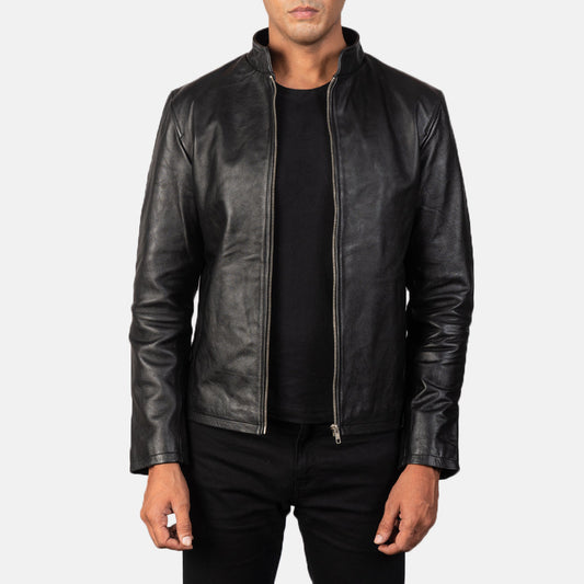 Men's black leather biker jacket