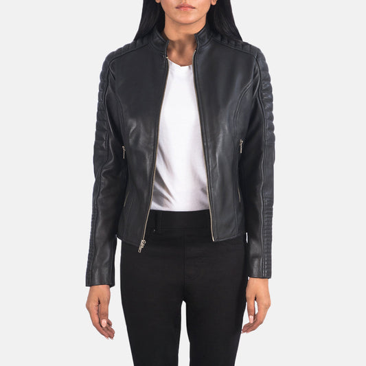 Women's black quilted leather biker jacket