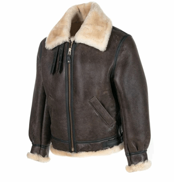 Brown leather jacket with fur collar and cuffs on a white background