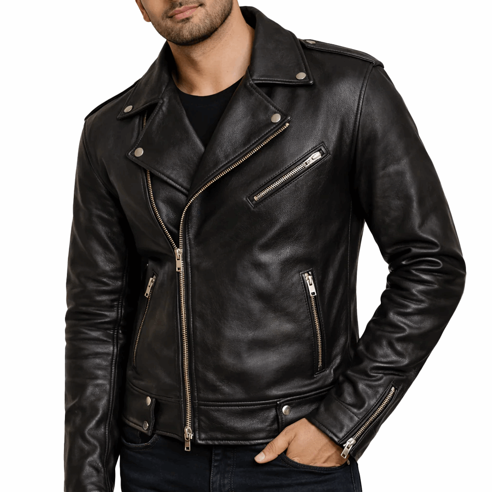 Noir Edge Grain Leather Biker Jacket