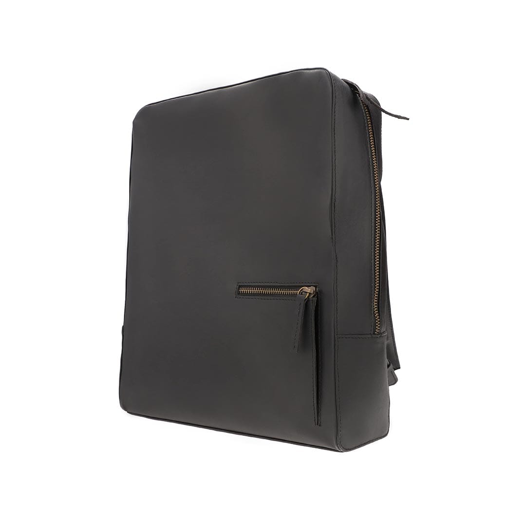 Hazel Leather Single Zip Backpack – finished lining, main compartment, fits a 13" laptop
