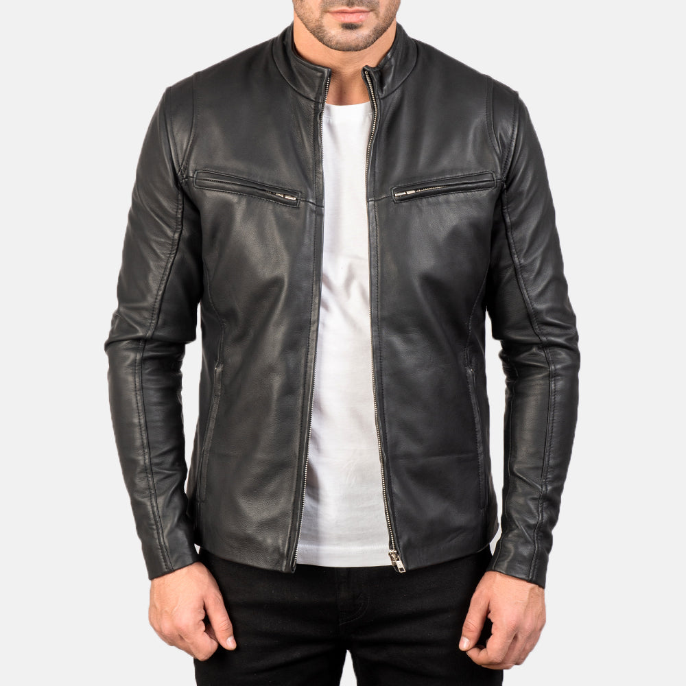 Man wearing a black leather jacket on a white background