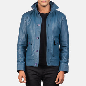 Qupor Blue Leather Bomber Jacket