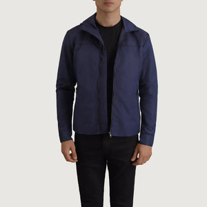 Makas Blue Leather Hooded Jacket